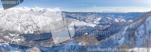 Image of View of the Lake Bohinj and the surrounding mountains in winter.