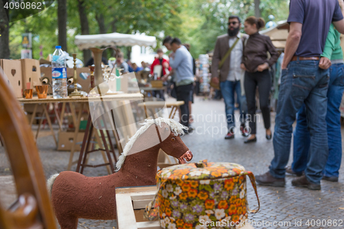 Image of Market boot with objects beeing sold at weekend flea market in Berlin.