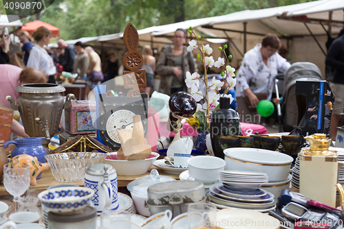 Image of Market boot with objects beeing sold at weekend flea market in Berlin.