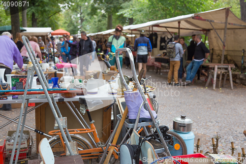 Image of Market boot with objects beeing sold at weekend flea market in Berlin.