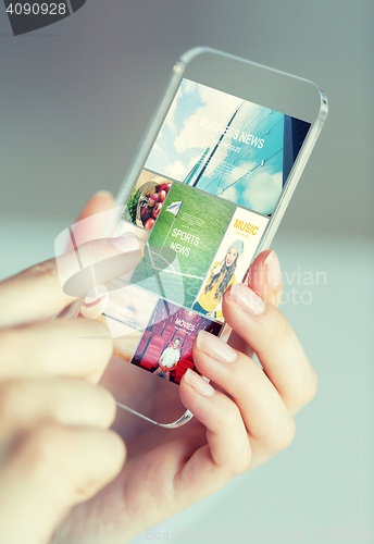 Image of close up of woman with news pages on smartphone