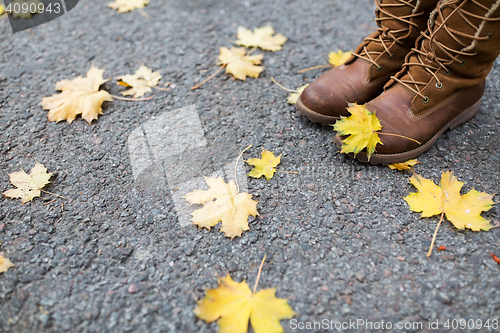 Image of female feet in boots and autumn leaves