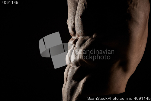 Image of torso of attractive male body builder on black background.