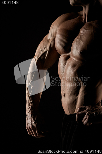 Image of torso of attractive male body builder on black background.