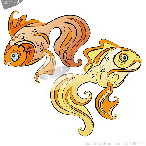 Image of Illustration of two stylized gold fish on white background