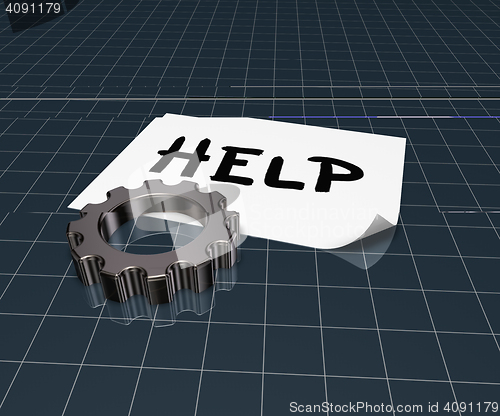 Image of the word help on paper sheet and gear wheel - 3d rendering