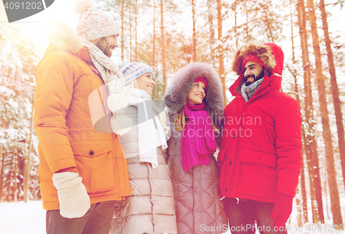 Image of group of smiling men and women in winter forest