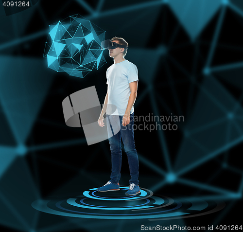 Image of happy man in virtual reality headset or 3d glasses