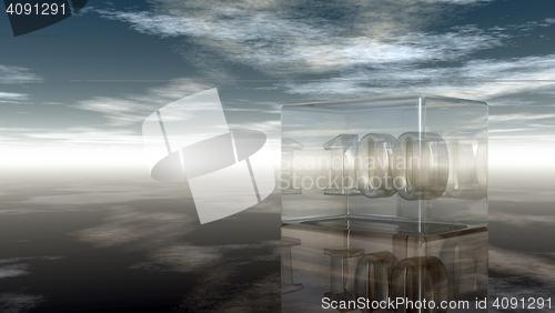 Image of number one hundred in glass cube under cloudy sky - 3d rendering