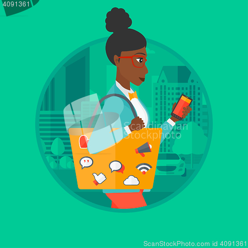 Image of Woman walking with smartphone vector illustration.