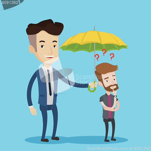 Image of Businessman holding umbrella over young man.