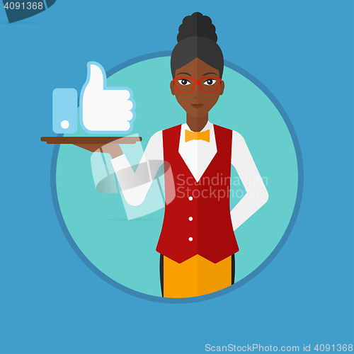 Image of Waitress with like button vector illustration.