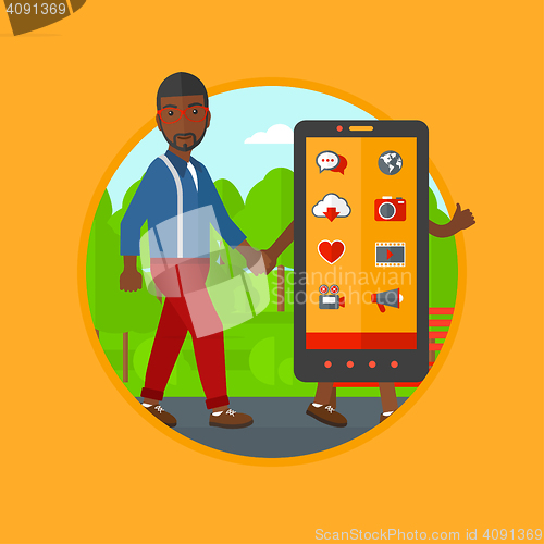 Image of Man walking with smartphone vector illustration.