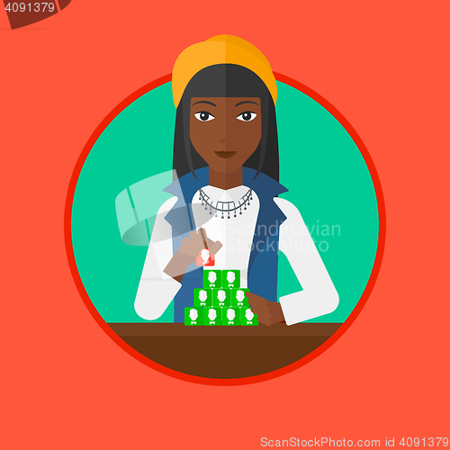 Image of Woman building pyramid of network avatars.