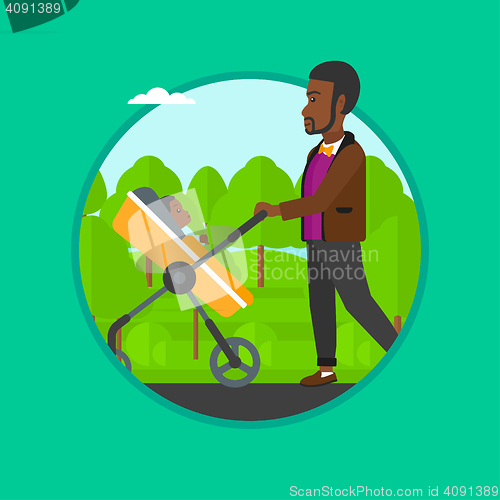 Image of Father walking with his baby in stroller.