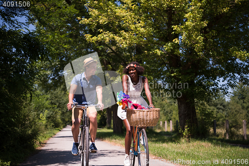 Image of Young multiethnic couple having a bike ride in nature