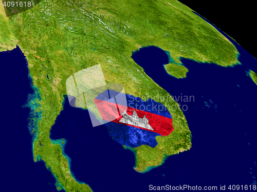 Image of Cambodia with flag on Earth