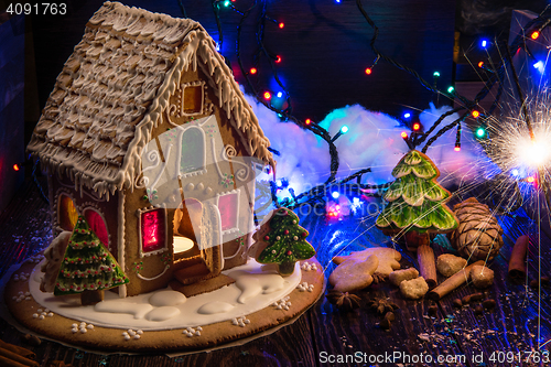 Image of Gingerbread house with lights