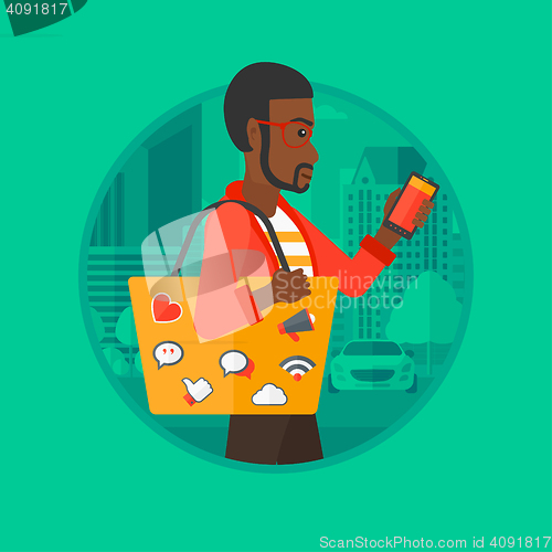 Image of Man walking with smartphone vector illustration.