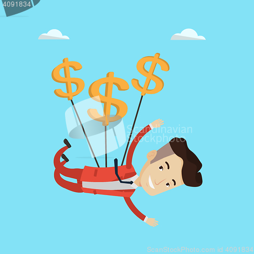 Image of Businessman flying with dollar signs.