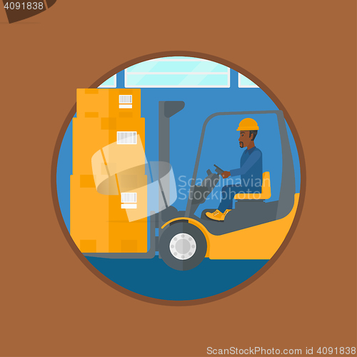 Image of Warehouse worker moving load by forklift truck.