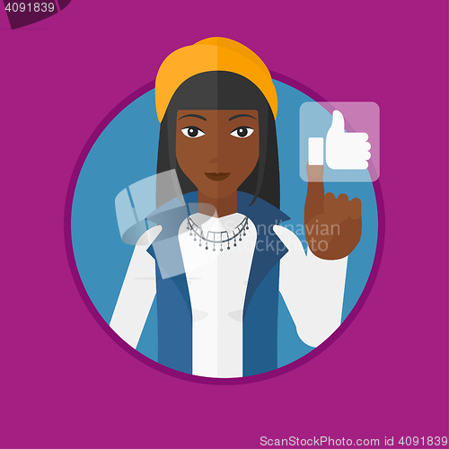 Image of Woman pressing like button vector illustration.