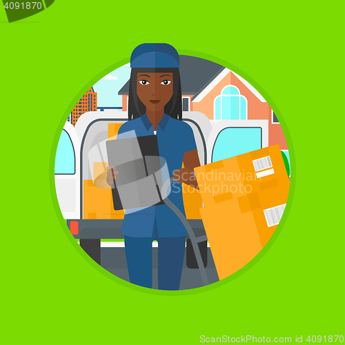 Image of Delivery woman with cardboard boxes.