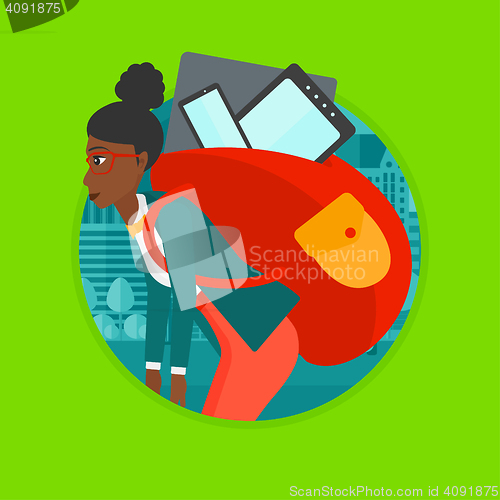 Image of Woman with backpack full of electronic devices.