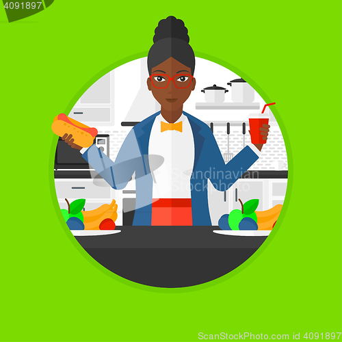 Image of Woman eating fast food vector illustration.