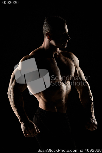 Image of torso of attractive male body builder on black background.