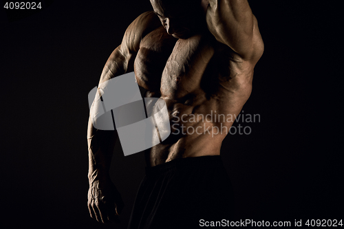 Image of torso of attractive male body builder on black background.