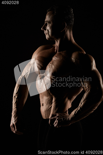 Image of torso of attractive male body builder on black background.