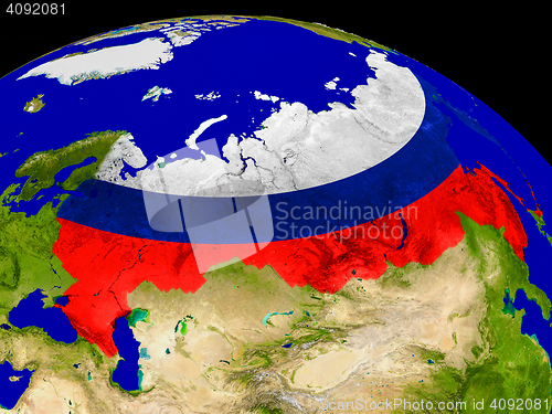 Image of Russia with flag on Earth