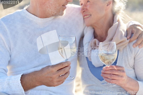 Image of happy senior couple drinking wine on summer beach