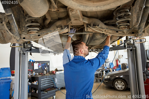 Image of mechanic man or smith repairing car at workshop