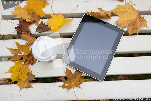 Image of tablet pc and coffee cup on bench in autumn park