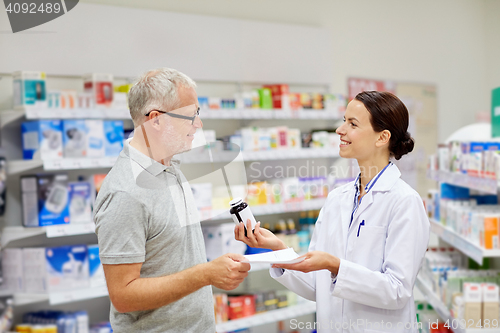 Image of pharmacist and senior man buying drug at pharmacy