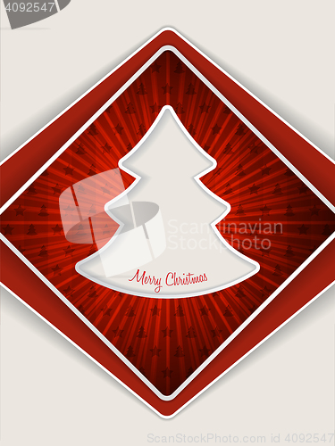 Image of Red christmas greeting with bursting christmas tree