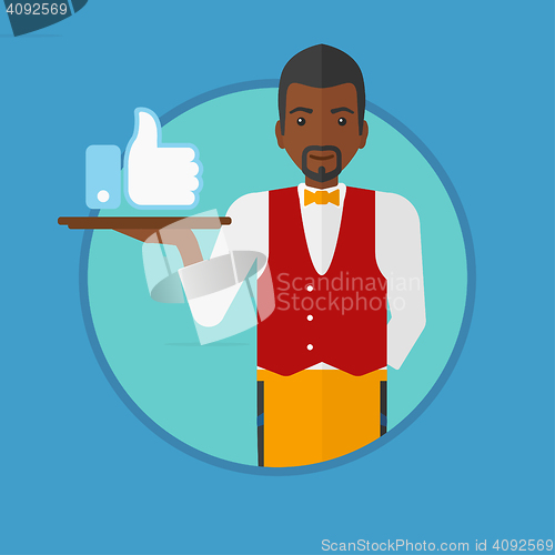 Image of Waiter with like button vector illustration.