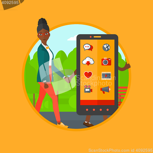 Image of Woman walking with smartphone vector illustration.