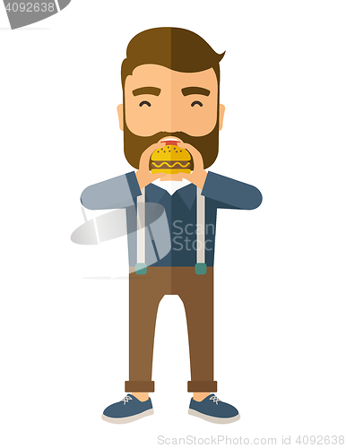 Image of Man happy eating hamburger.