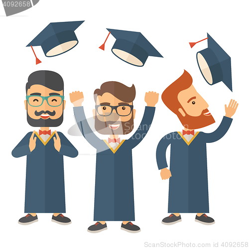 Image of Three men throwing graduation cap.