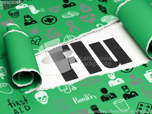 Image of Medicine concept: black text Flu under the piece of  torn paper