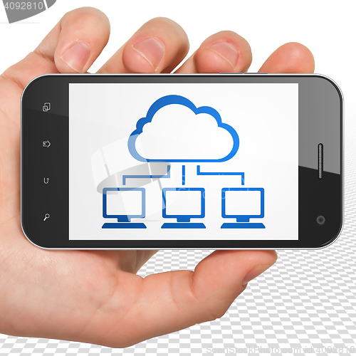 Image of Cloud computing concept: Hand Holding Smartphone with Cloud Network on display