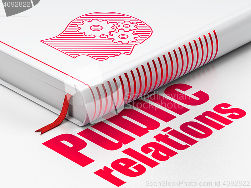 Image of Advertising concept: book Head With Gears, Public Relations on white background