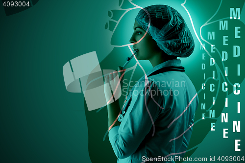 Image of Collage on scientific topics. Young female doctor standing against heart background