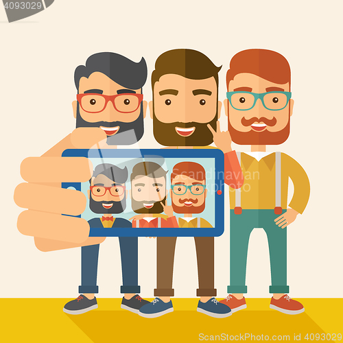 Image of Three men taking selfie.
