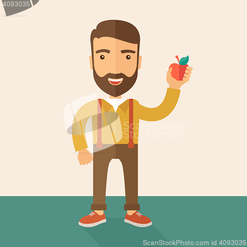Image of Happy man holding a red apple.