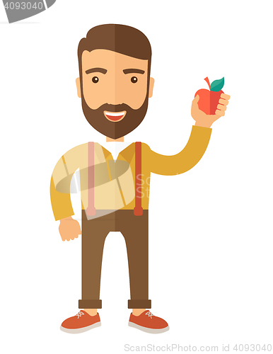 Image of Happy man holding a red apple.