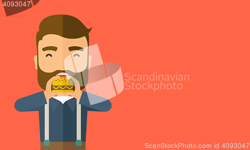 Image of Man happy eating hamburger.